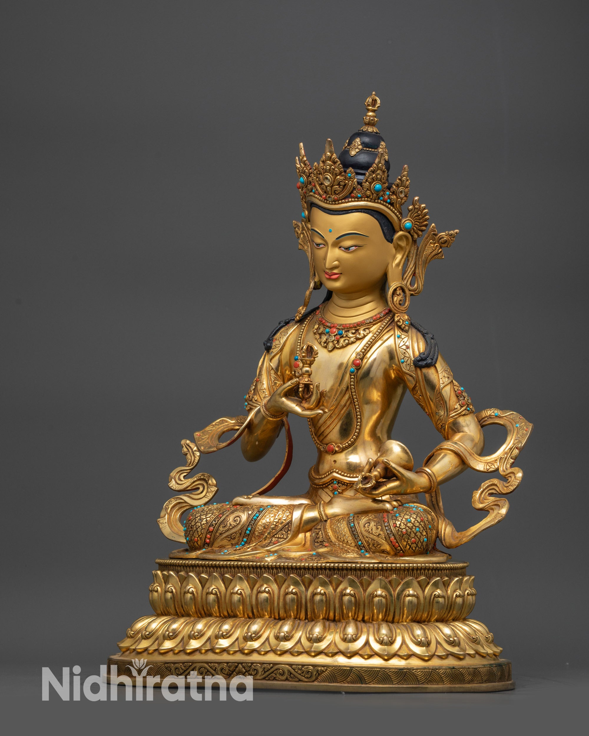 Left view side Hand-carved Vajrasattva statue lower garment adorned with gemstones
