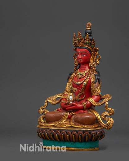 Left view side Handcrafted Amitayus Buddha left side highlighting crown and robe details
