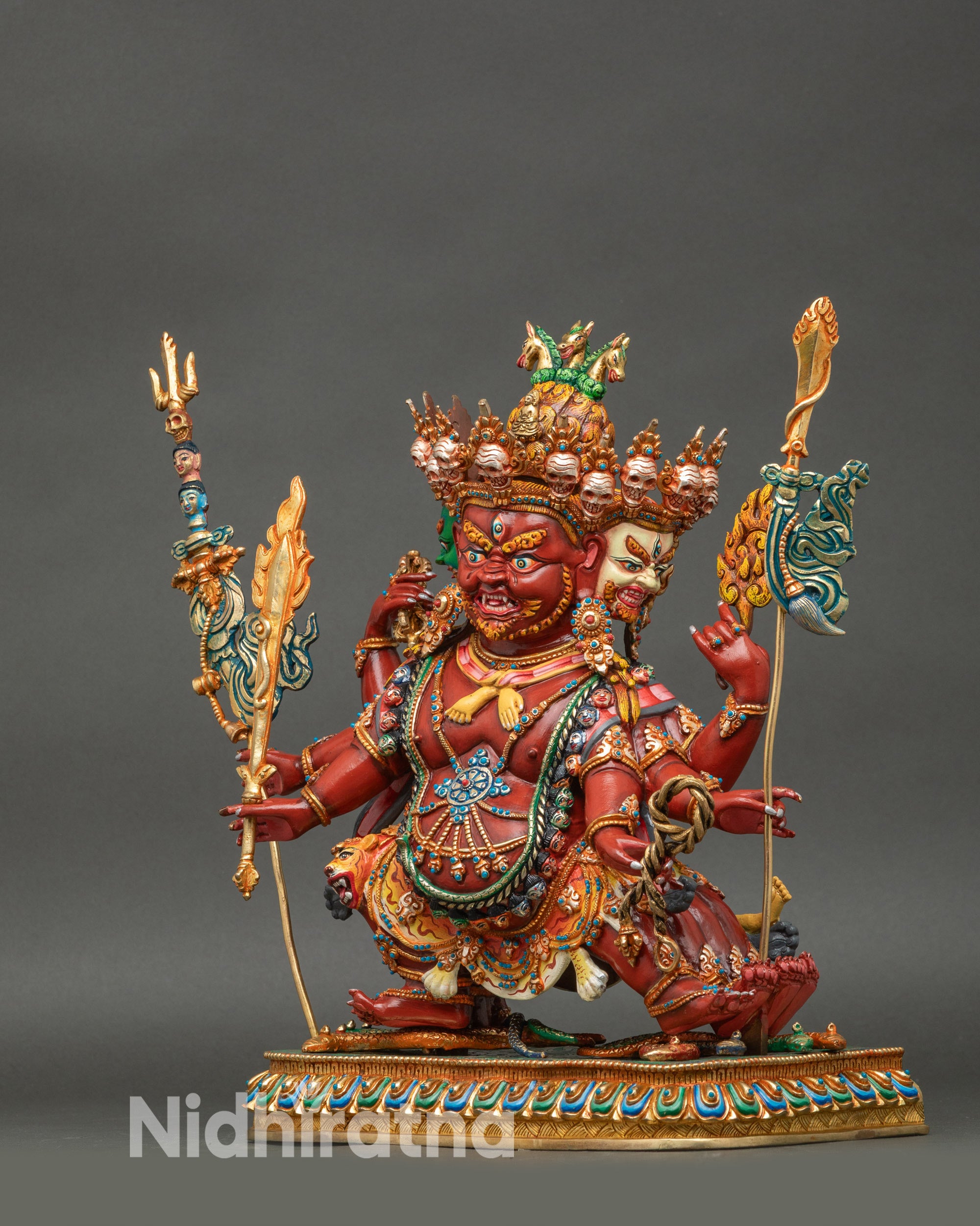 Left view side: Left profile of Hayagriva statue, gold-gilded copper craftsmanship