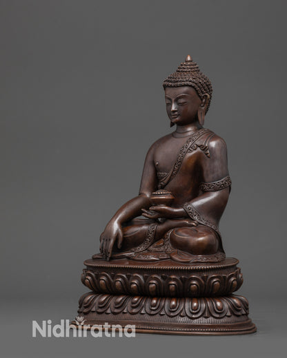 Left view side: Left side view of Shakyamuni Buddha in meditation pose on lotus seat
