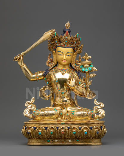 Left view side Manjushri Statue showing Abhaya Mudra, flowing garments and lotus throne

