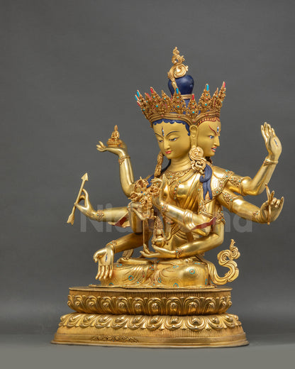 Left view side Namgyalma statue with vishva dorje Buddha symbol and lotus seat details