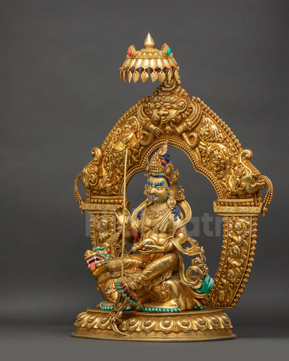 Left view side Namtoshe wealth deity statue snow lion jewels spilling mongoose

