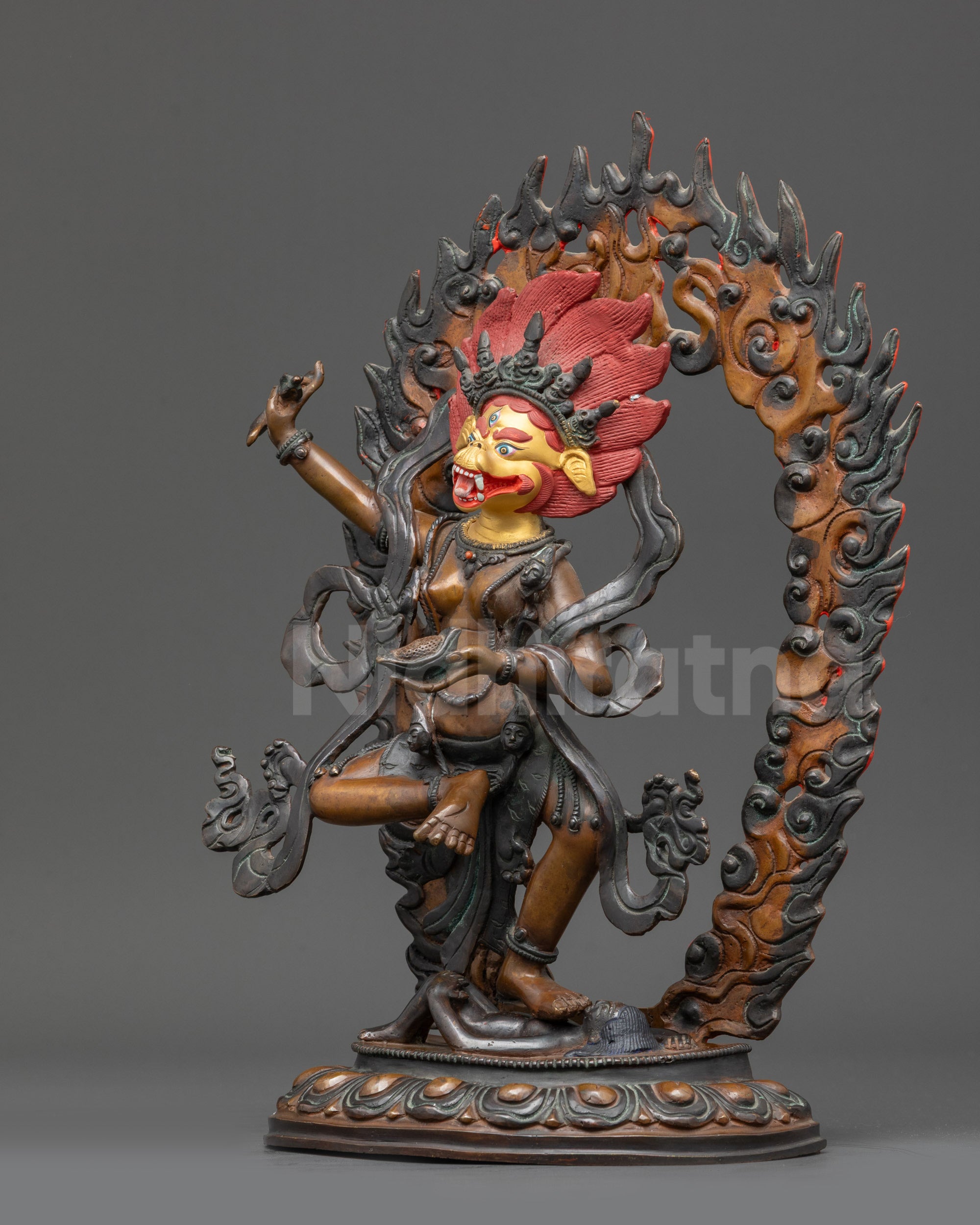 Left view side Oxidized Simha Mukha Statue showing khatvanga trident on shoulder