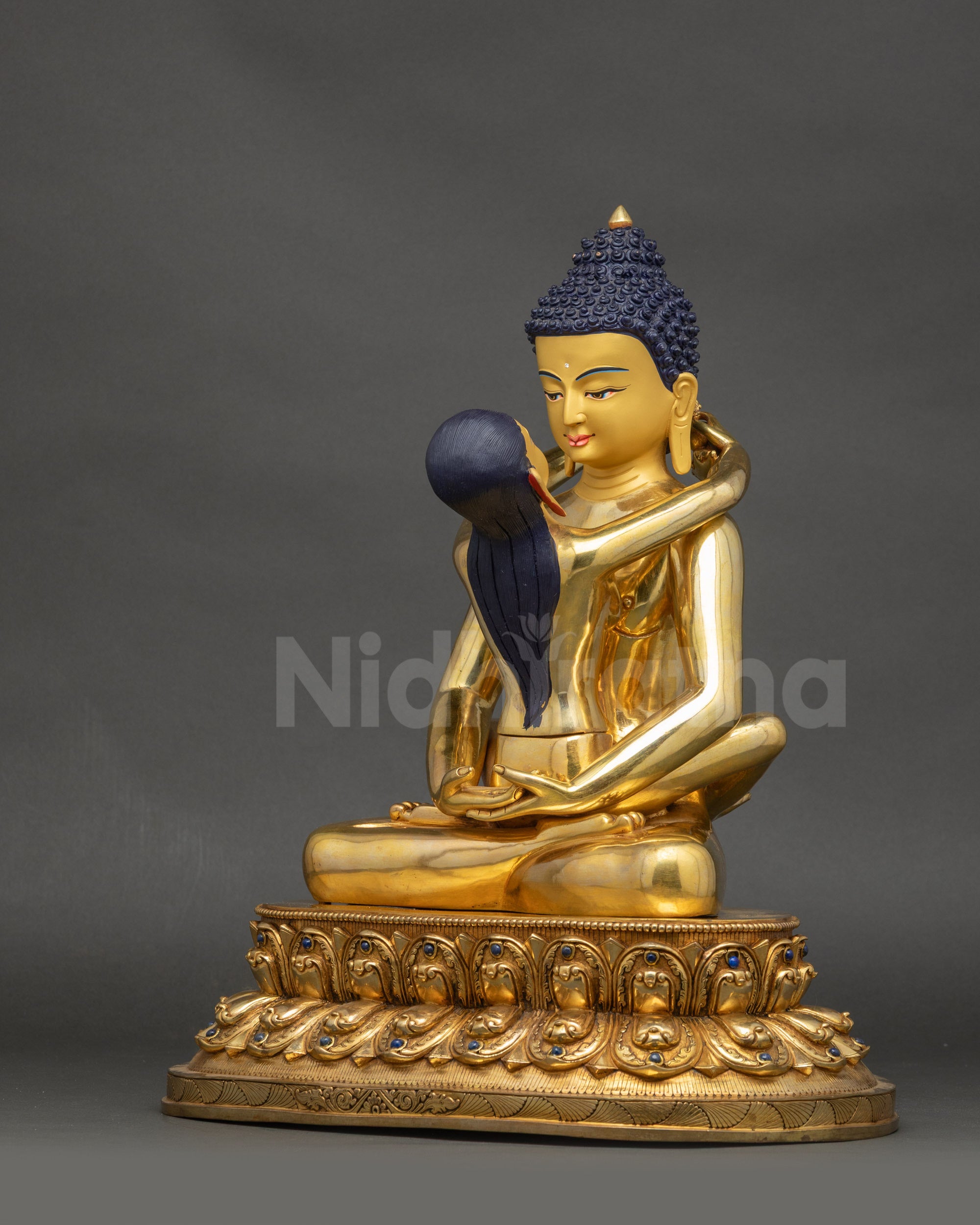 Left view side Samantabhadra Yab Yum Adibuddha sculpture showing dhyana mudra and gold details