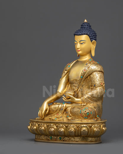 Left view side Shakyamuni Buddha 24k gold-gilded copper side profile details