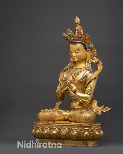 Left view side Vajradhara statue highlighting jeweled crown and flowing Buddhist attire

