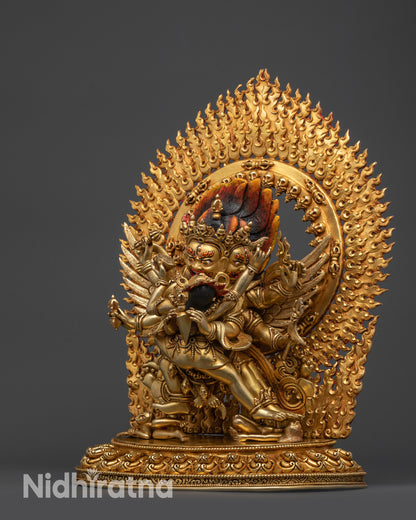 Left view side Vajrakilaya statue featuring intricate Himalayan carvings and lotus seat
