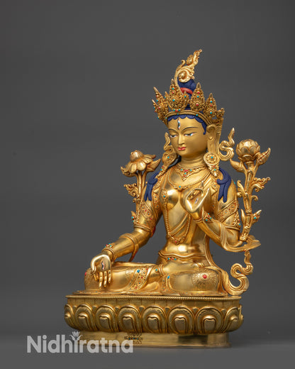 Left view side White Tara Statue showing Vitarka mudra and semi-precious stones
