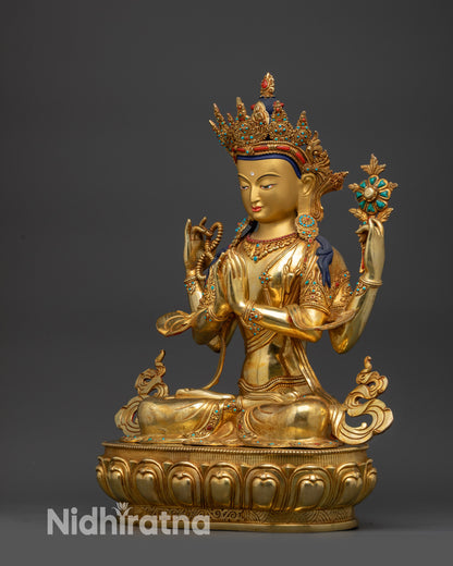 Left view side handcrafted Chenrezig Buddhist statue gold-gilded lotus seat sacred deity
