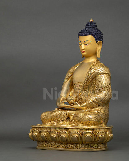 Left view side of Amitabha Buddha statue highlighting floral carvings and gold finish