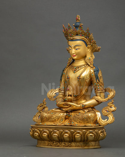 Left view side of Amitayus Buddha, gold fire-gilded copper and detailed carvings
