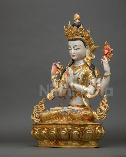 Left view side of Chenrezig Statue with hand-painted copper, gold ornaments, and sacred objects