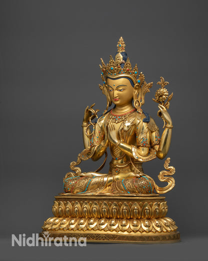 Left view side of Chenrezig holding lotus flower with flowing majestic robes
