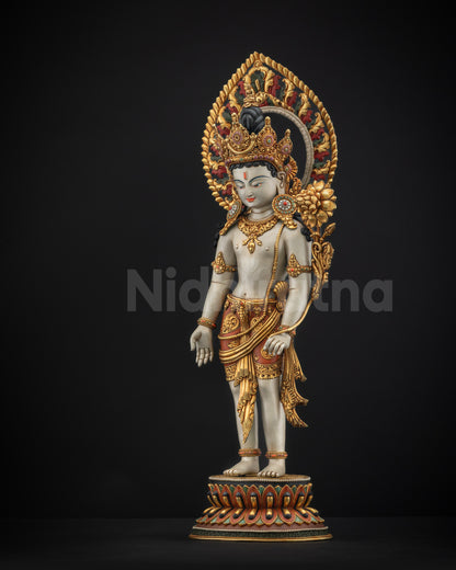 Left view side of Lokeshvara statue showing detailed gold-gilded armlets and garments