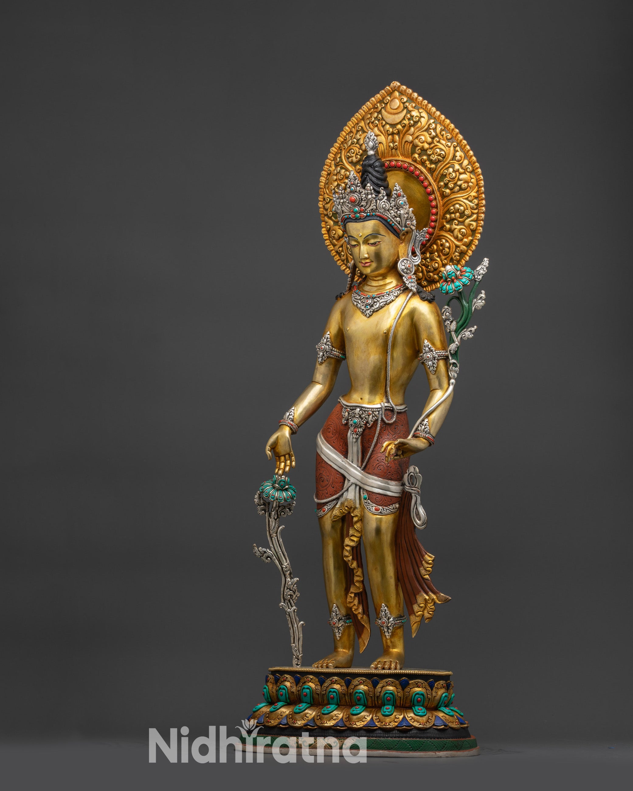 Left view side of Lokeshwor statue showing hand-painted lower garment

