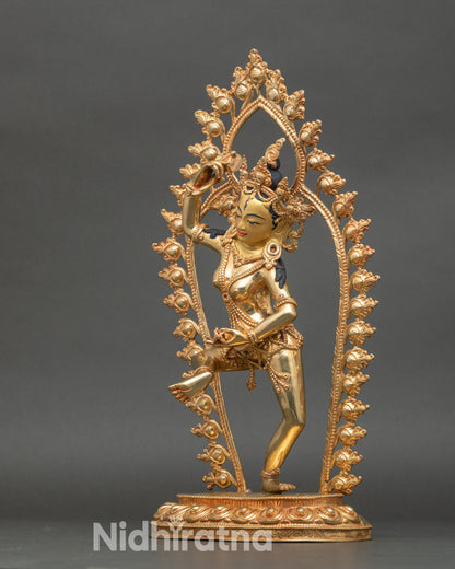 Left view side of Machig Labdron Statue, intricate copper carving and fire-gilded gold