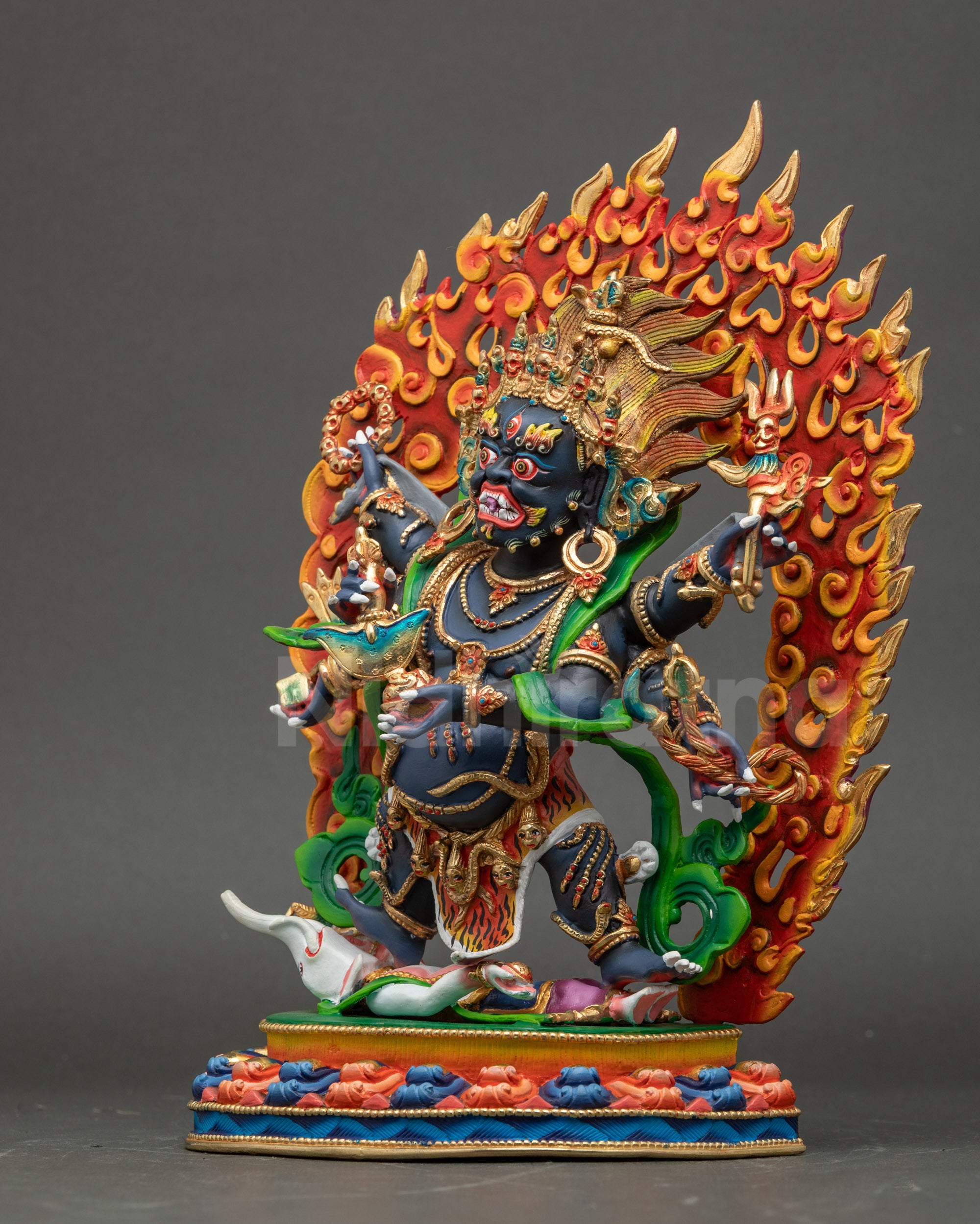 Left view side of Shadbhuja Mahakala Statue hand-painted copper ritual deity