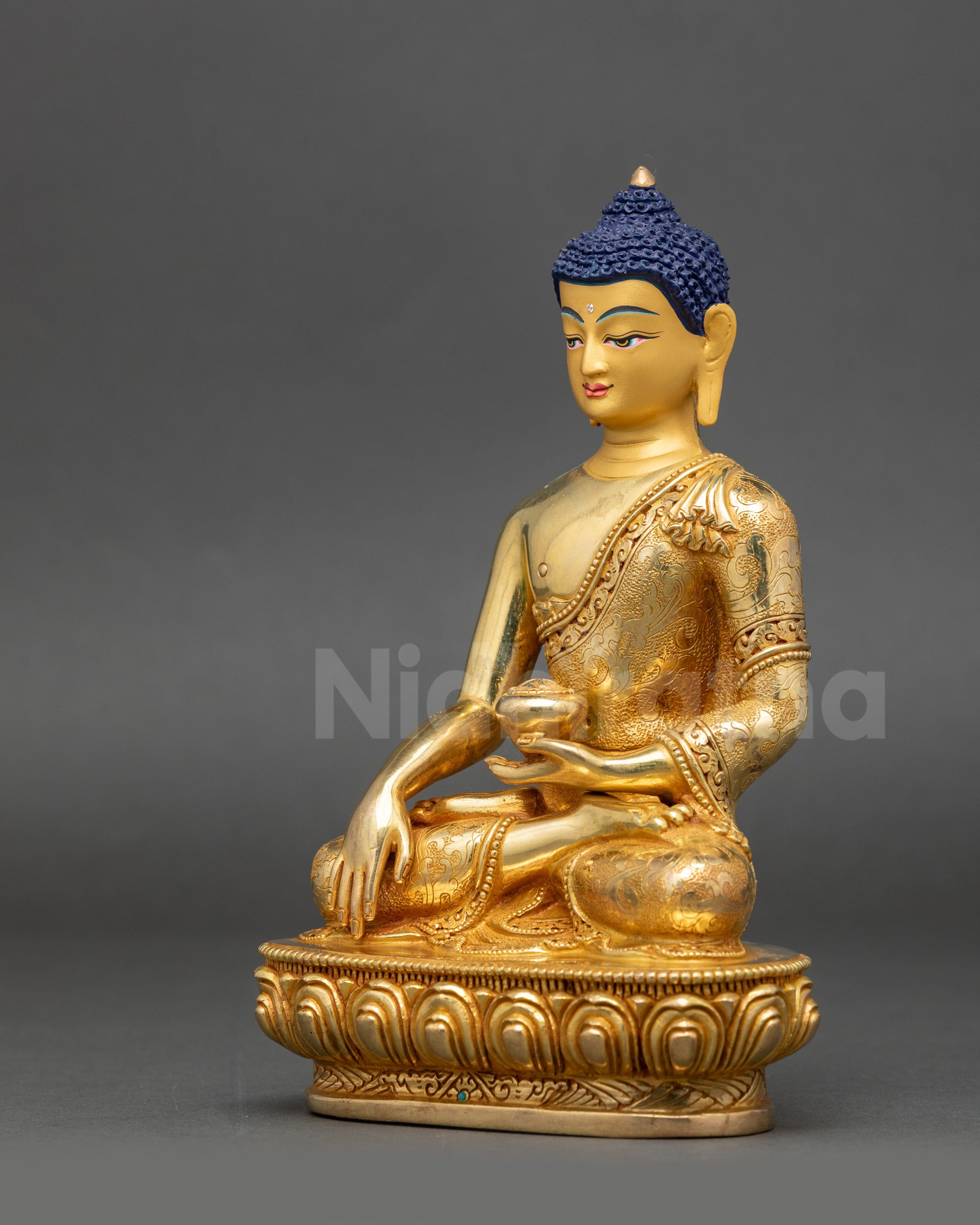 Left view side of Shakyamuni Buddha Sculpture displaying earth-touching mudra
