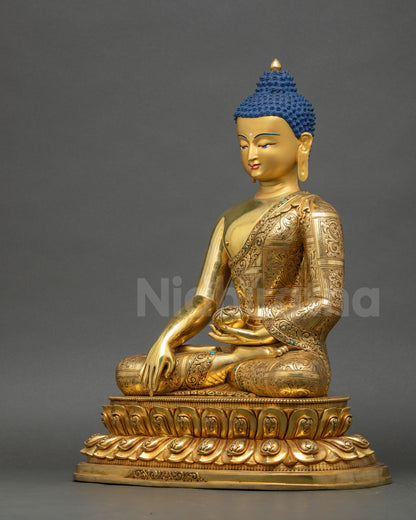 Left view side of Shakyamuni Buddha Sculpture showing patra bowl and intricate robe carvings