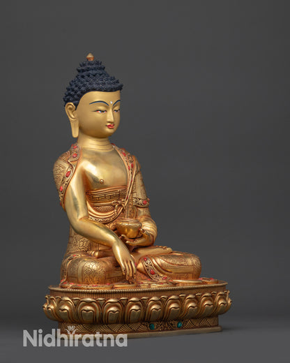 Left view side of Shakyamuni Buddha performing earth-touching mudra for devotion

