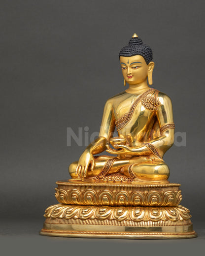 Left view side of Siddhartha Gautama Buddha statue 24K gold-gilded copper sculpture

