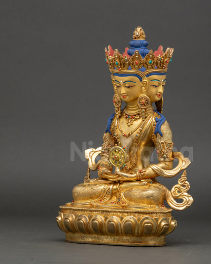 Left view side of Vairocana Buddha statue with five-jeweled crown and lotus pedestal