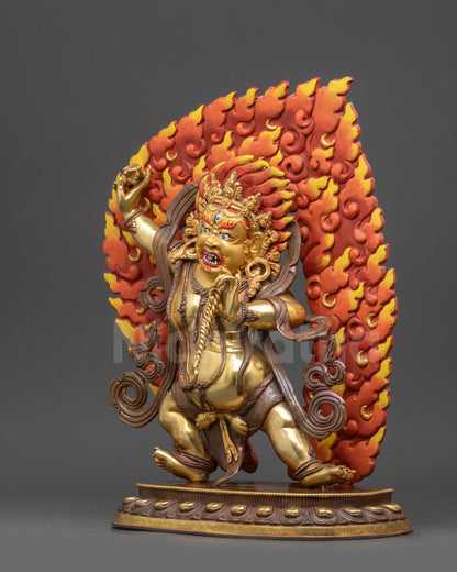 Left view side of Vajrapani handcrafted Tibetan deity with gold fire-gilded body