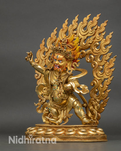 Left view side of Vajrapani statue, copper lost-wax art with gold fire-gilding