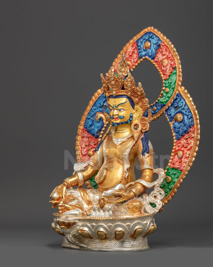 Left view side of Yellow Dzambhala Statue displaying flowing robes and gold-gilded face
