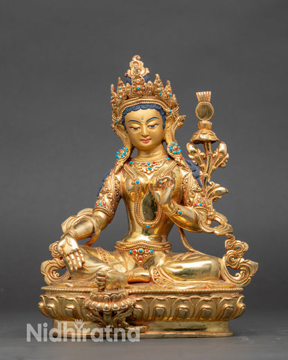 Lhamo Özer Chenmo back view, radiant gold fire-gilded lotus base and copper detailing