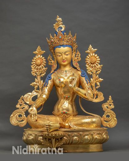 Life-size Green Tara statue, handcrafted Nepalese copper, gold fire-gilded