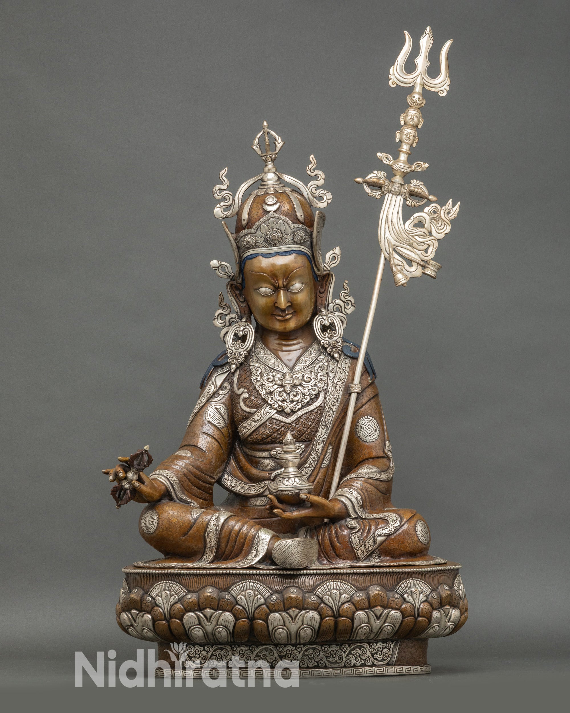 Life-size Guru Padmasambhava statue, oxidized copper, silver-plated, handcrafted Nepal