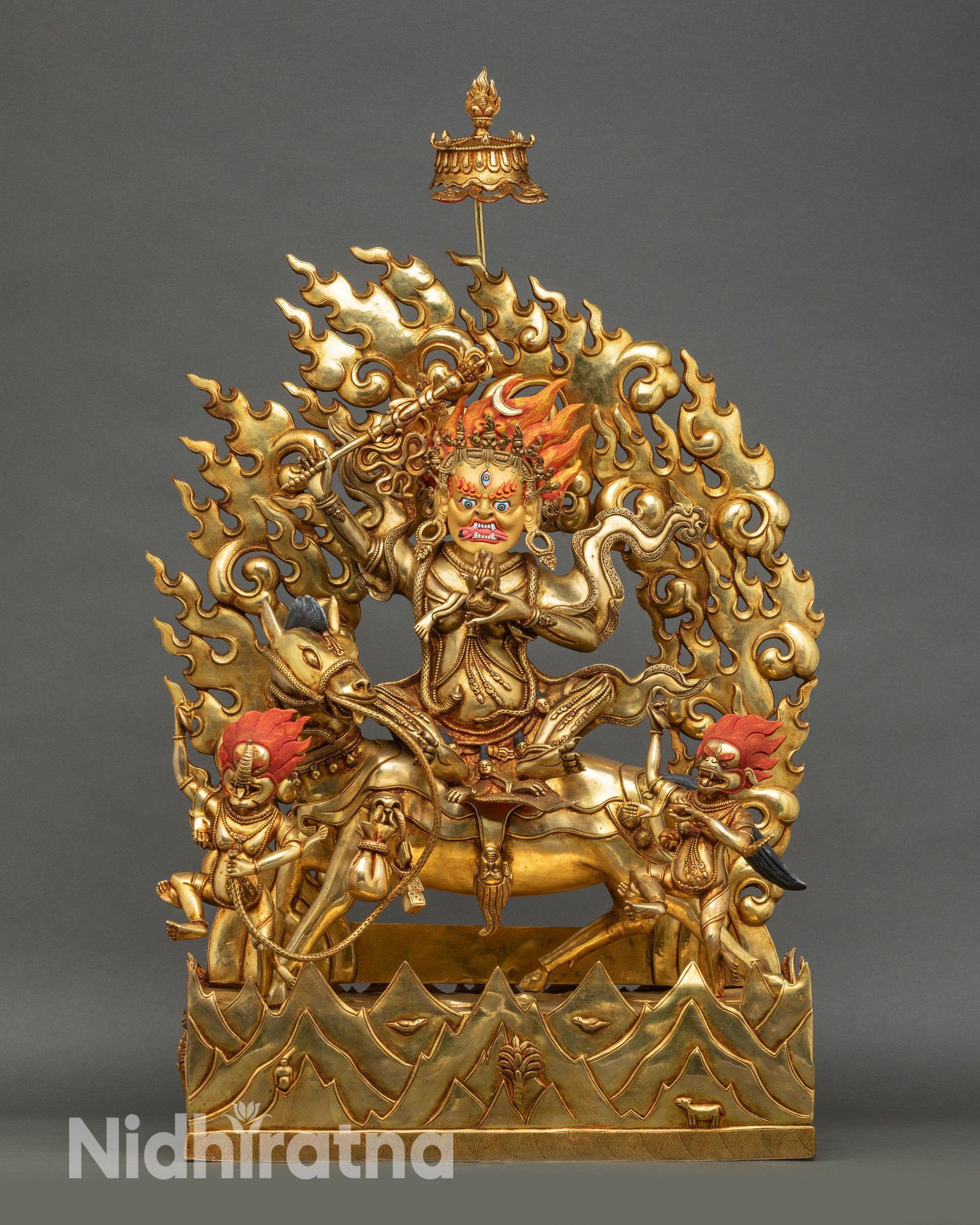 Life-size Palden Lhamo statue, gold fire-gilded copper, flaming halo, mule mount, two attendants