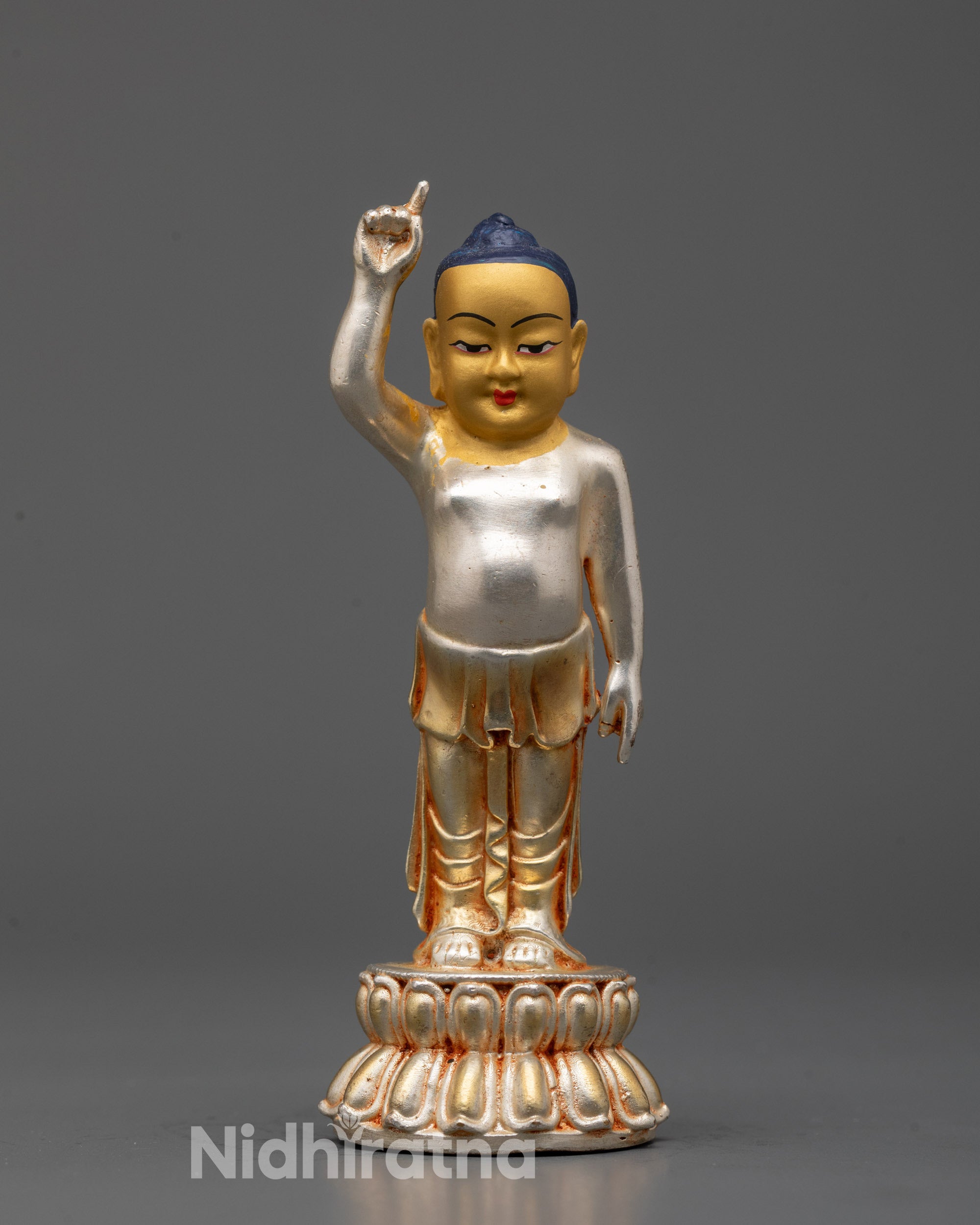 Little Buddha Statue with 24k silver-plated body and gold-gilded face standing on lotus base