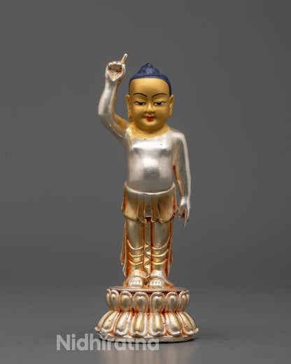 Little Buddha Statue with 24k silver-plated body and gold-gilded face standing on lotus base