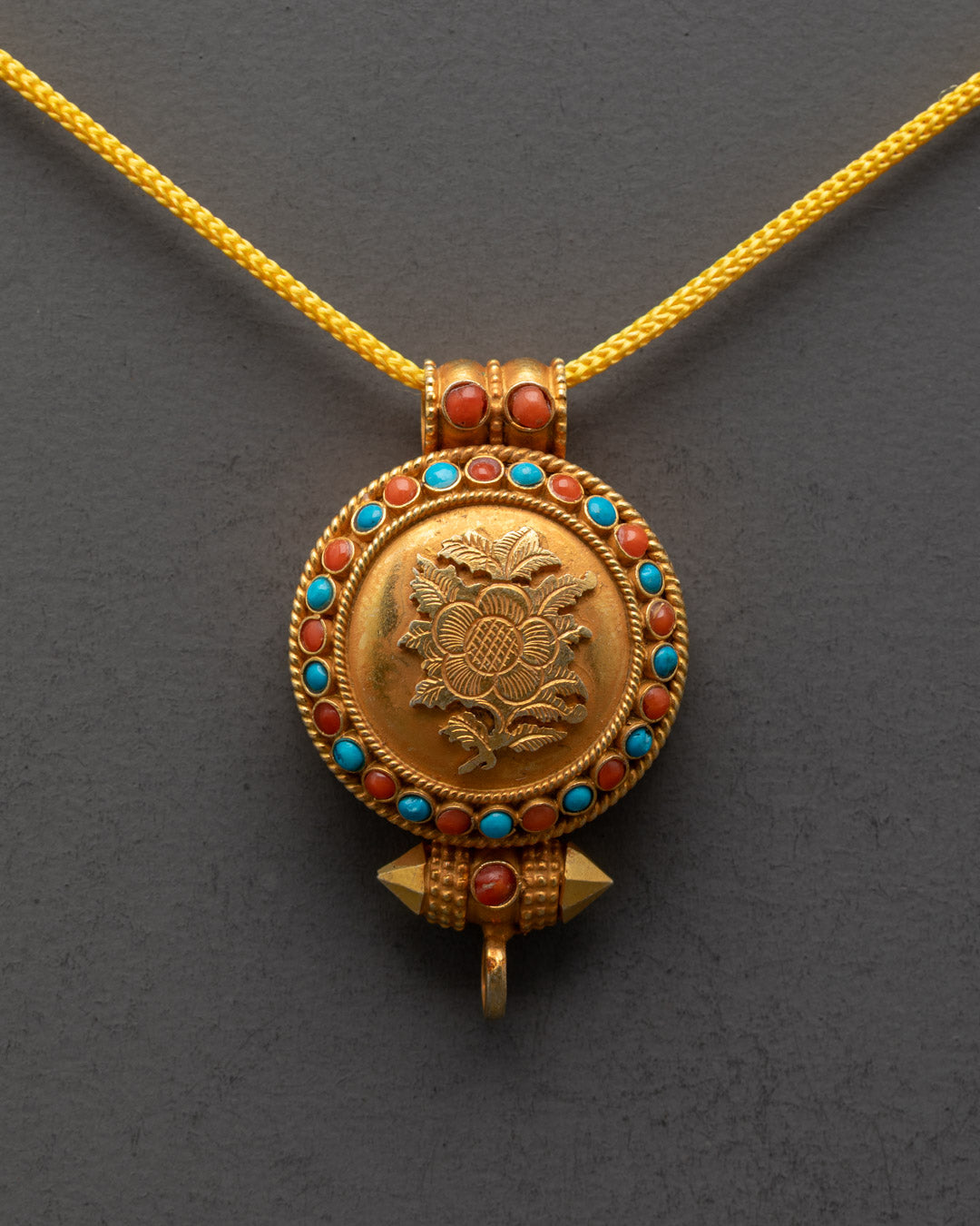 Hand-Carved Gold-Plated Lotus Locket with Turquoise and Coral