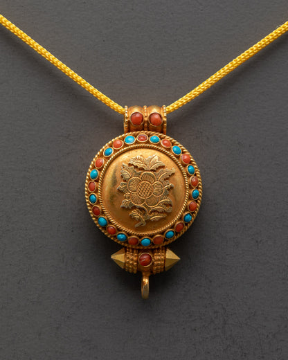Hand-Carved Gold-Plated Lotus Locket with Turquoise and Coral