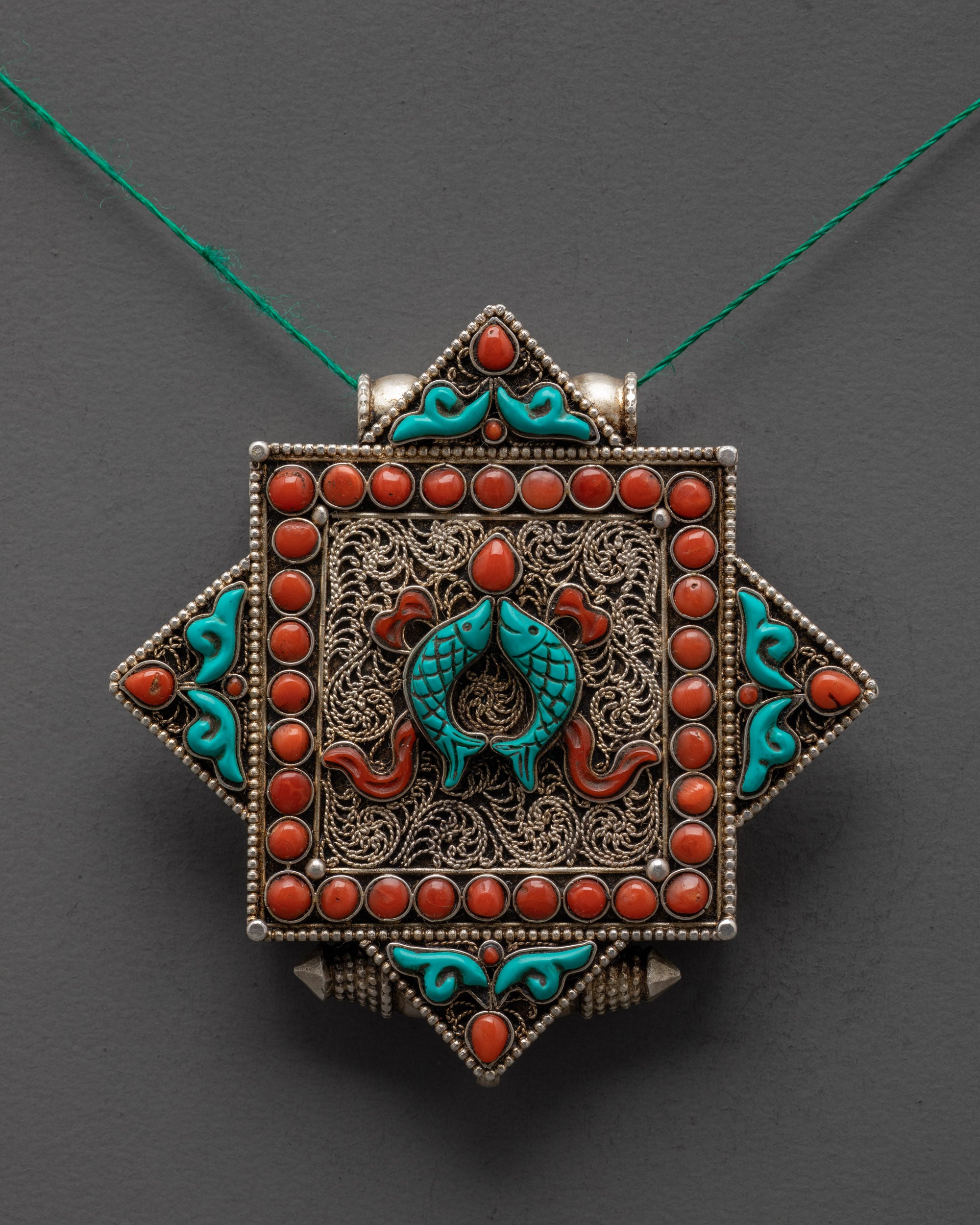 Golden Fish Amulet Locket | Tibetan Prayer Jewelry in Silver
