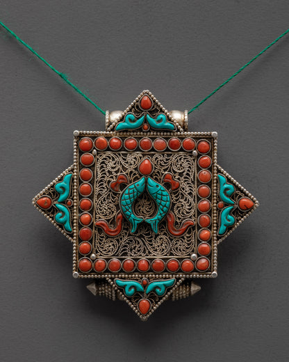 Golden Fish Amulet Locket | Tibetan Prayer Jewelry in Silver