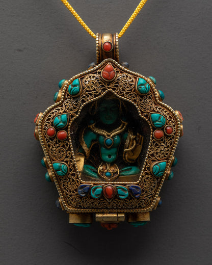 Hand-Carved Green Tara Locket with Vajrayana Buddhist Symbolism