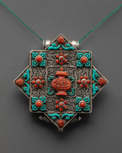 close up of intricate carving on Tibetan Treasure Vase locket showcasing detailed craftsmanship
