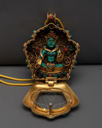 Hand-Carved Green Tara Locket with Vajrayana Buddhist Symbolism