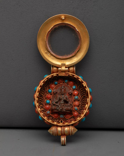 Green Tara Buddhist Locket with Semi-Precious Stones