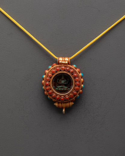 Tibetan Buddhist Chenrezig Locket | Gold-Plated Amulet Representing