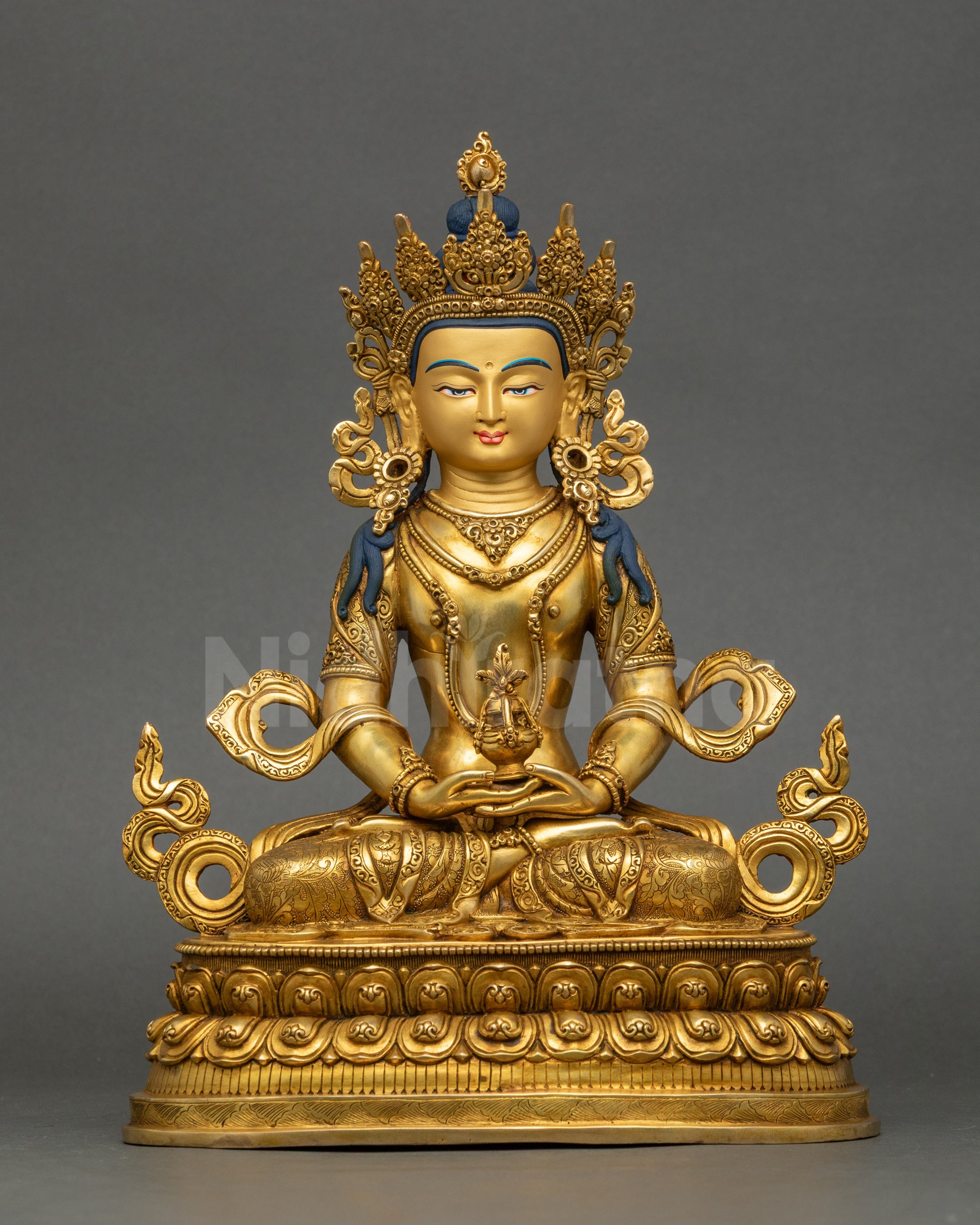Longevity Amitayus Statue seated on lotus, gold fire-gilded copper Buddha sculpture
