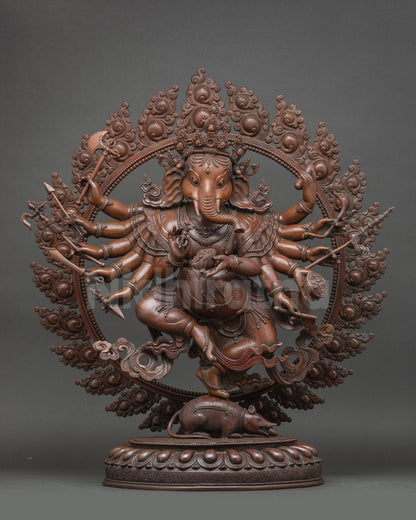 Lord Ganesh statue handmade in Nepal, oxidized copper, Mushak throne