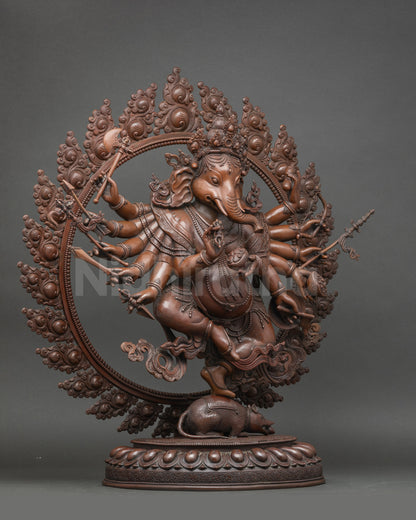 Lord Ganesh statue standing on Mushak, Nepalese handcrafted copper deity