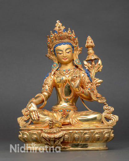 Loter Yangchenma statue regular close up, intricate mudras and serene expression