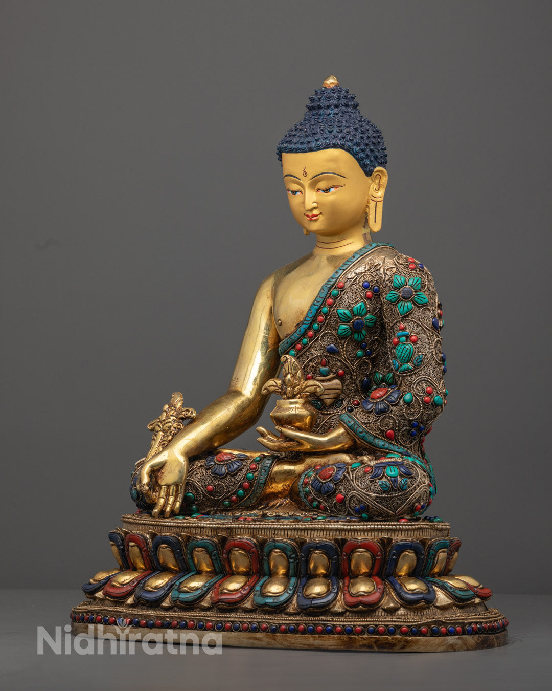 Lotus Throne Medicine Buddha Sculpture Decorated with Semi-Precious Stones and Acrylic Colors